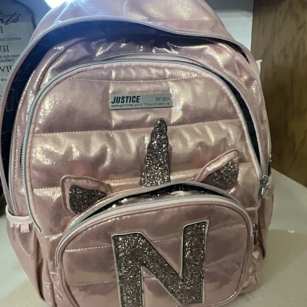 Justice Girls Backpack Pink Rose‎ Gold Initial M Side Pockets Full Size 17 Inch